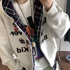 美式高街假两件拼接格纹连帽卫衣男女宽松bf中性风情侣开衫外套潮