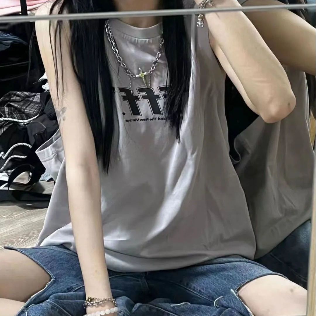 美式复古嘻哈宽松休闲打底背心女外穿球衣夏季新款无袖T恤国潮ins