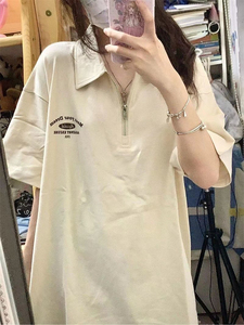 美式复古翻领短袖T恤女夏新款宽松设计感小众半袖上衣POLO衫