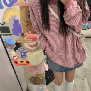 宽松打底衫 秋冬季 粉色条纹卫衣女学生韩版 2023 长袖 t恤上衣少女装