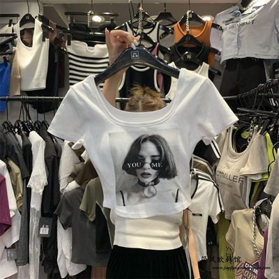 夏季新款小众设计感方领印花修身短袖T恤女小个子显瘦短款上衣潮