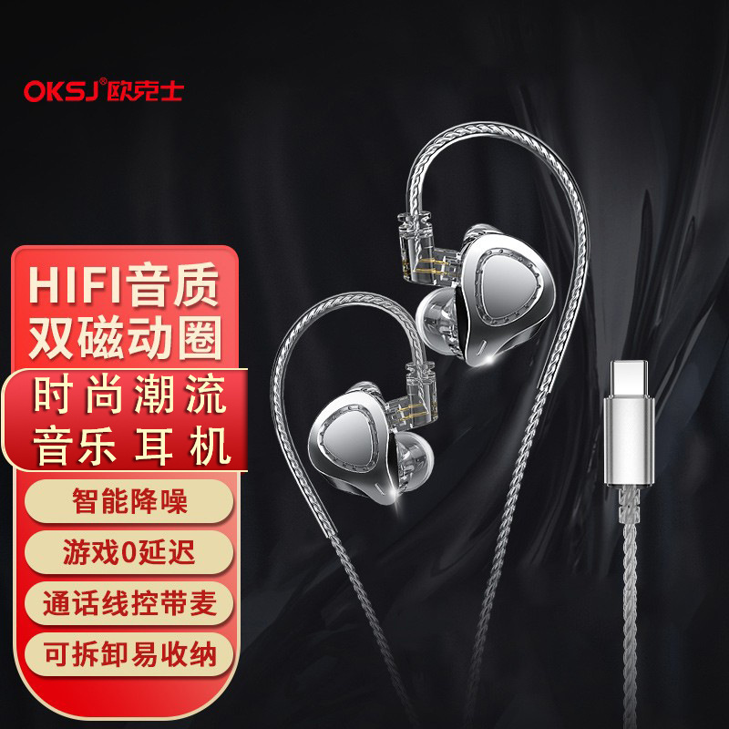 OKSJ新款TP06有线耳机TYPE-C入耳式降噪音乐K歌游戏通话带麦耳机