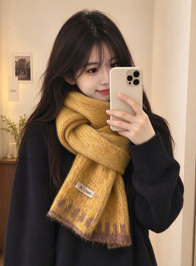 100%羊毛围巾女冬季加厚保暖纯色针织围脖百搭时尚休闲高档礼盒装