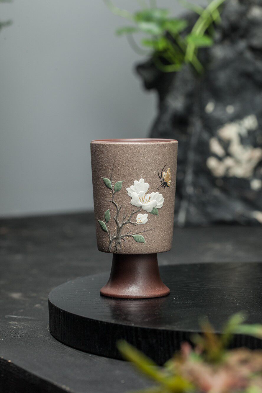 宜兴紫砂泥绘主人杯原矿紫沙茶具精品泥绘110cc原创设计