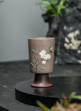 宜兴紫砂泥绘主人杯原矿紫沙茶具精品泥绘110cc原创设计