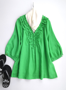 缤纷春夏水果色系翠绿欲滴靓丽果绿色舒适宽松款深V领插肩袖衬衫