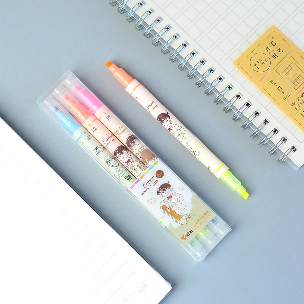 爱好荧光笔名侦探柯南学生用划重点标记笔手账双头双色荧光笔套装
