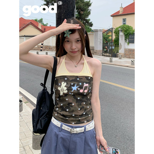 美好商店MeihaoStore「千禧迷彩」迷彩星星印花烫钻抹胸挂脖吊带