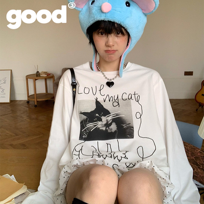 美好商店MeihaoStore呆萌小黑猫破次元璧涂鸦印花长袖T恤