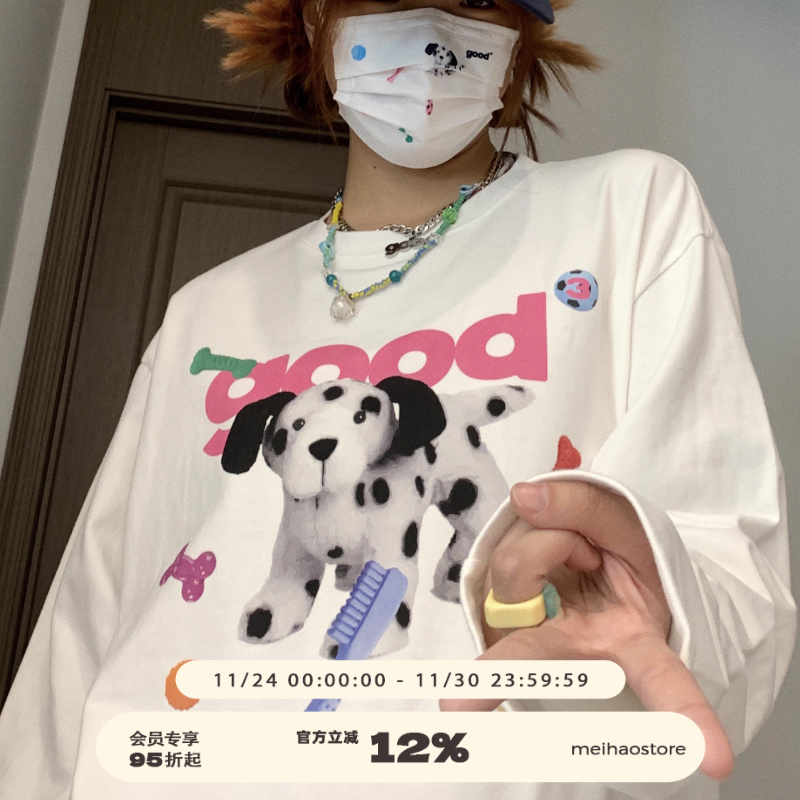美好商店长袖斑点狗印花情侣T恤