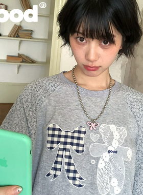 美好商店MeihaoStore蝴蝶结小熊碎花拼接灰色插肩袖长袖T恤