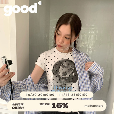 美好商店MeihaoStore[猫狗植物]系列歪头大耳波点小狗小板型T恤