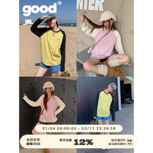 美好商店MeihaoStore「简单穿穿」 good logo刺绣撞色插肩长袖T恤