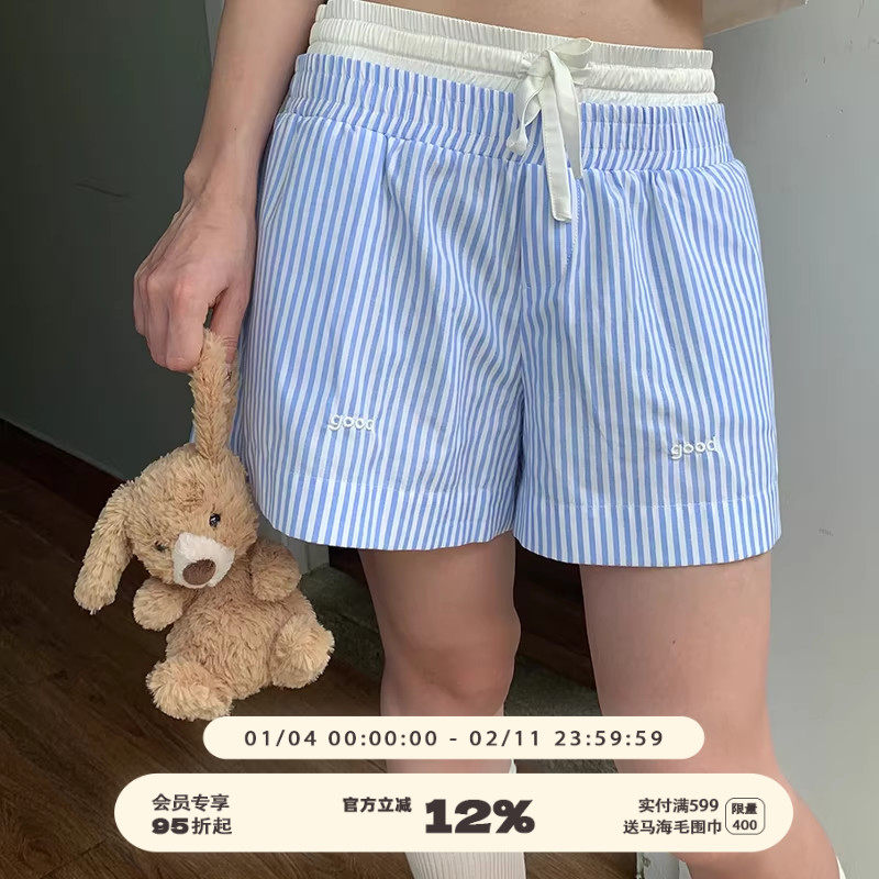 美好商店MeihaoStore夏日蓝白竖条纹双头腰刺绣good短裤,男装,短裤,淘宝优惠券,粉丝福利购,淘宝优惠卷