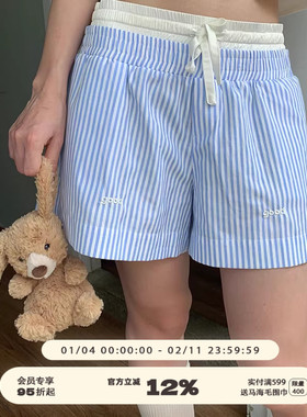 美好商店MeihaoStore夏日蓝白竖条纹双头腰刺绣good短裤
