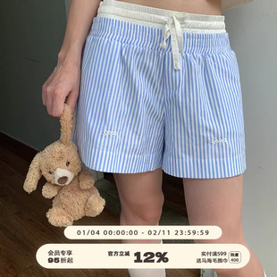 美好商店MeihaoStore夏日蓝白竖条纹双头腰刺绣good短裤