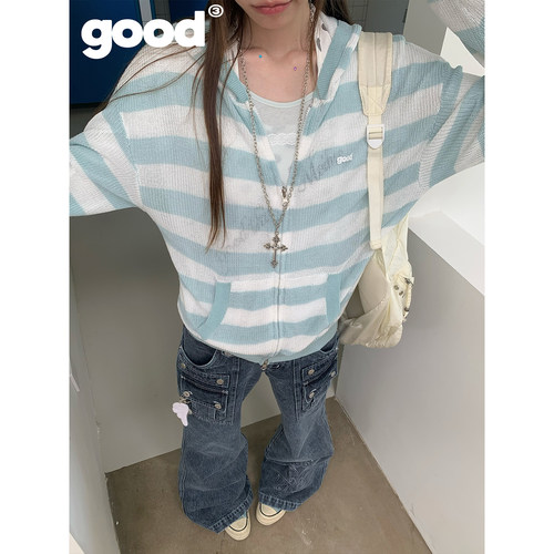美好商店MeihaoStore「薄荷海风」韩系蓝白条纹薄款毛衣连帽外套