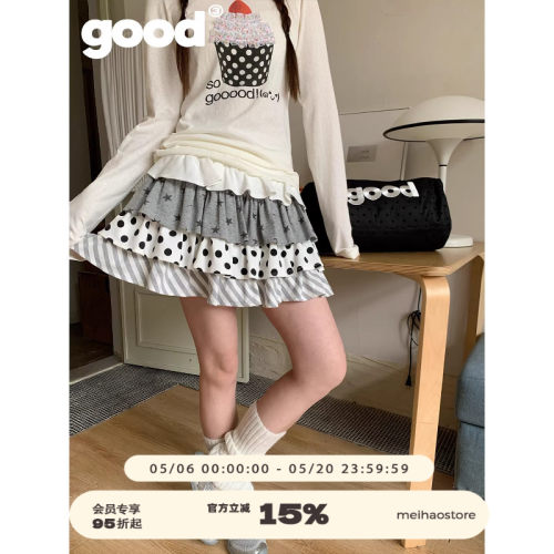 美好商店MeihaoStore「元气拼拼」灰白星星波点条纹拼接蛋糕裙