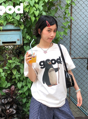 美好商店MeihaoStore南极领队举旗小企鹅印花全棉基础短袖T恤