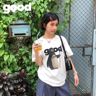 美好商店MeihaoStore南极领队举旗小企鹅印花全棉基础短袖 T恤