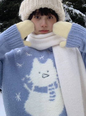 美好商店MeihaoStore浅蓝色kiyo的猫猫头雪人连帽毛衣