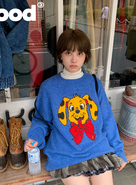 美好商店MeihaoStore黄色斑点绅士小狗头圆领宝蓝色套头毛衣