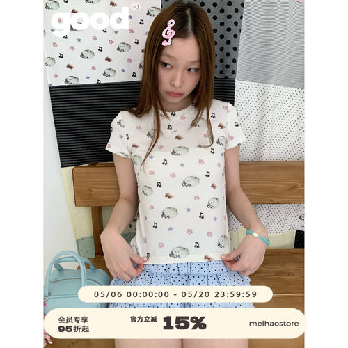 美好商店MeihaoStore「萌物图鉴」满印猫咪音符可爱拼贴小版型T恤