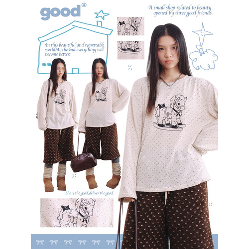 美好商店MeihaoStore「摇摇木马」梦回童年线条木马米色波点长袖