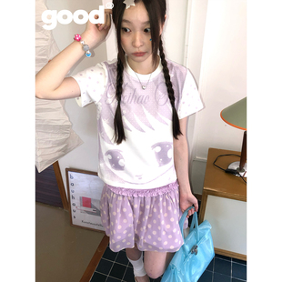 美好商店MeihaoStore「软萌元气感」紫色波点拼袖女孩小版型T恤