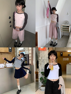 美好商店MeihaoStore马卡龙色系基础good短款 T恤 简约辣妹插肩长袖