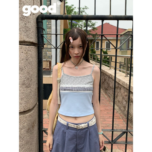 美好商店MeihaoStore「海盐蛋糕」浅蓝波点蕾丝格纹拼接吊带背心