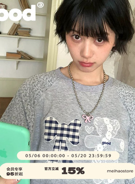 美好商店MeihaoStore蝴蝶结小熊碎花拼接灰色插肩袖长袖T恤