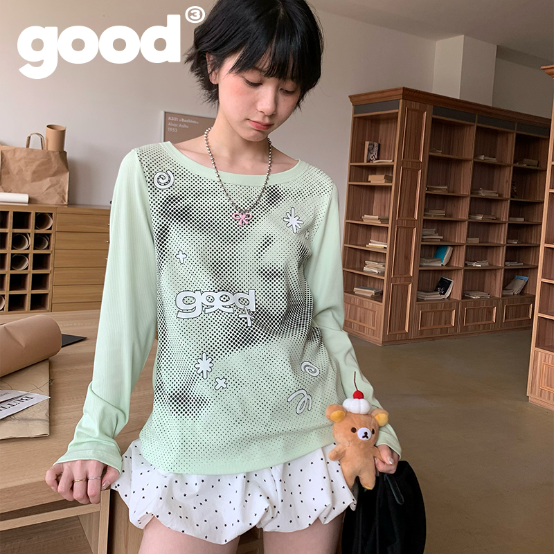 美好商店MeihaoStore春日绿色熊猫企鹅像素风大领口打底T恤