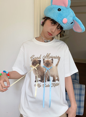 美好商店MeihaoStore会一眼爱上的立体蝴蝶结暹罗小猫短袖T恤