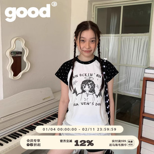 美好商店MeihaoStore天使女孩波点插肩袖小板型印花短袖T恤