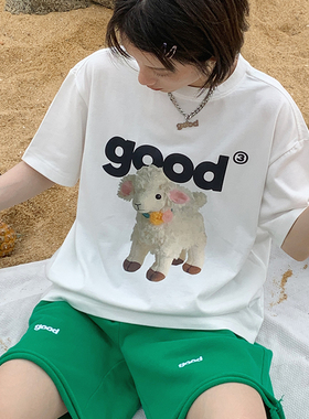 美好商店MeihaoStore春夏白色休闲原创圆领印花小羊羔good短袖T恤