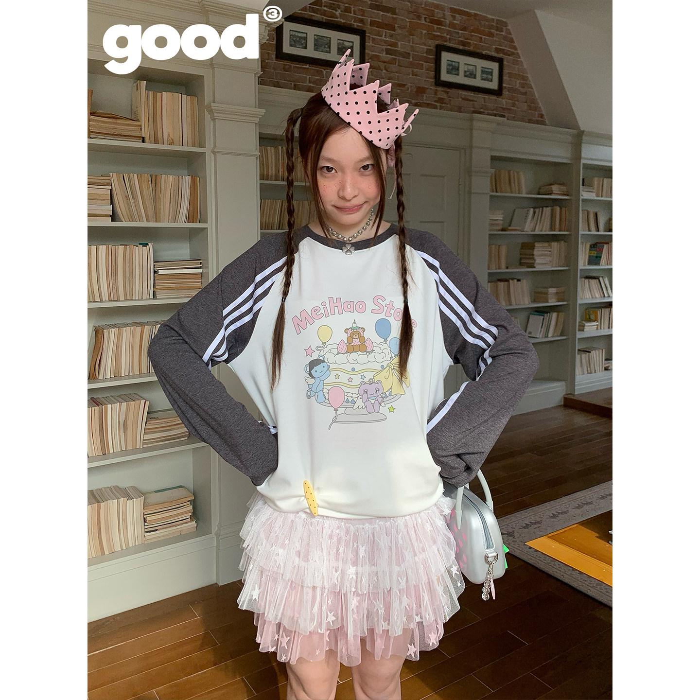 美好商店MeihaoStore「蛋糕派对」小熊的生日派对拼接插肩长袖T恤