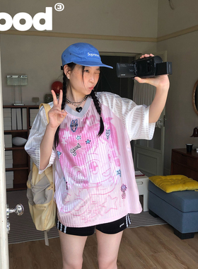 美好商店MeihaoStore甜心少女粉色撞色V领运动球衣短袖T恤