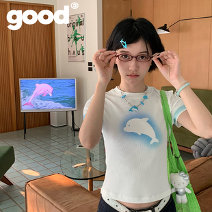 美好商店MeihaoStore夏日好运海豚蓝白渐变印花小板型短袖T恤