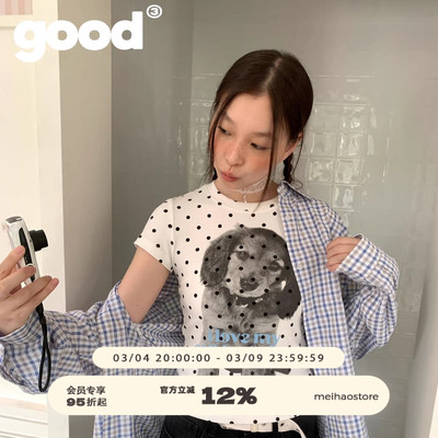 美好商店MeihaoStore[猫狗植物]系列歪头大耳波点小狗小板型T恤