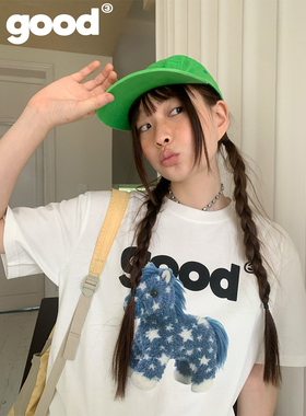 美好商店MeihaoStore「立正小马」蓝色星星毛绒玩偶小马短袖棉T恤