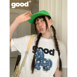 美好商店MeihaoStore「立正小马」蓝色星星毛绒玩偶小马短袖棉T恤