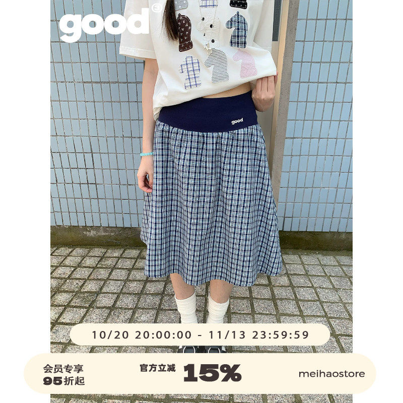 美好商店MeihaoStore「古早艺术生」日系高腰头拼接蓝色格纹A字裙