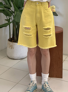 美好商店MeihaoStore黄色破洞毛边斜纹短裤五分休闲纯棉牛仔裤