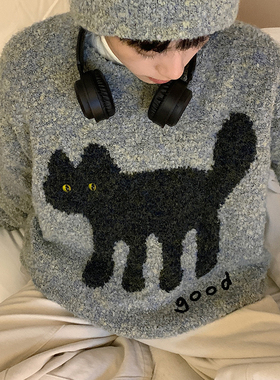 美好商店MeihaoStore黑色good小猫提花立体眼睛套头圆领毛衣绒感
