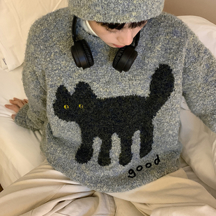 美好商店MeihaoStore黑色good小猫提花立体眼睛套头圆领毛衣绒感