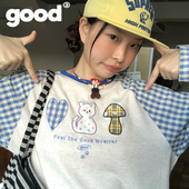 美好商店MeihaoStore可爱贴布绣蓝白格子拼接插肩袖 T恤 长袖