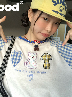 美好商店MeihaoStore可爱贴布绣蓝白格子拼接插肩袖长袖T恤