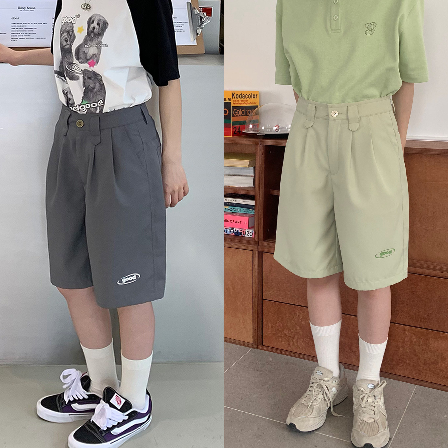 美好商店MeihaoStore双色圆环good腰头毛边爽滑透气基础西装短裤