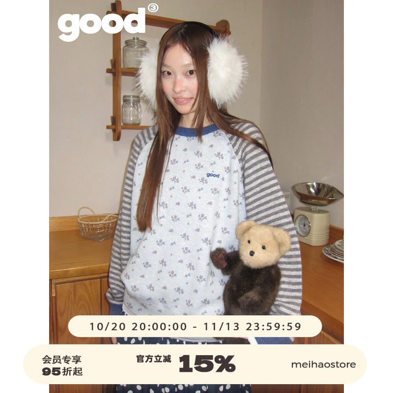 美好商店MeihaoStore「走廊尽头的风」蓝灰插肩碎花条纹拼接毛衣